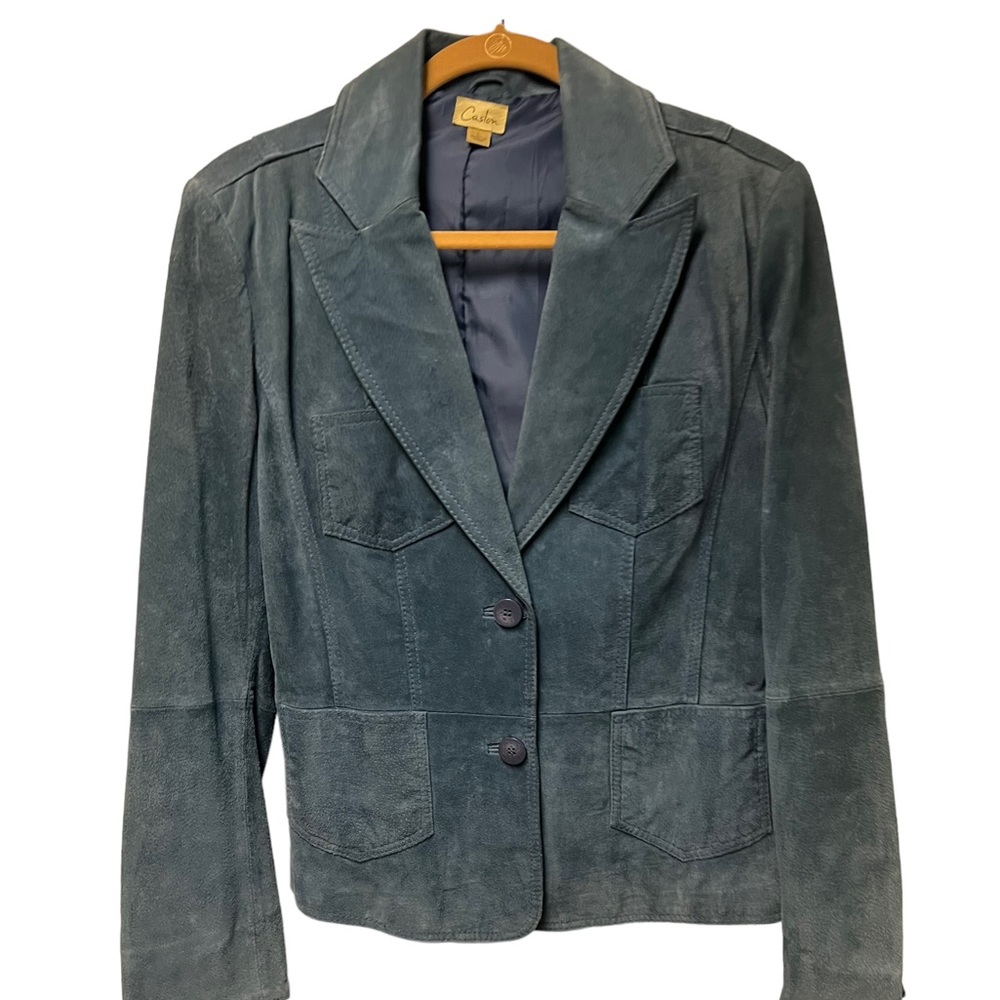 Caslon Vintage Blue Suede Blazer faded Leather Split Sleeves 4 Pocket Full Lined - Picture 11 of 15